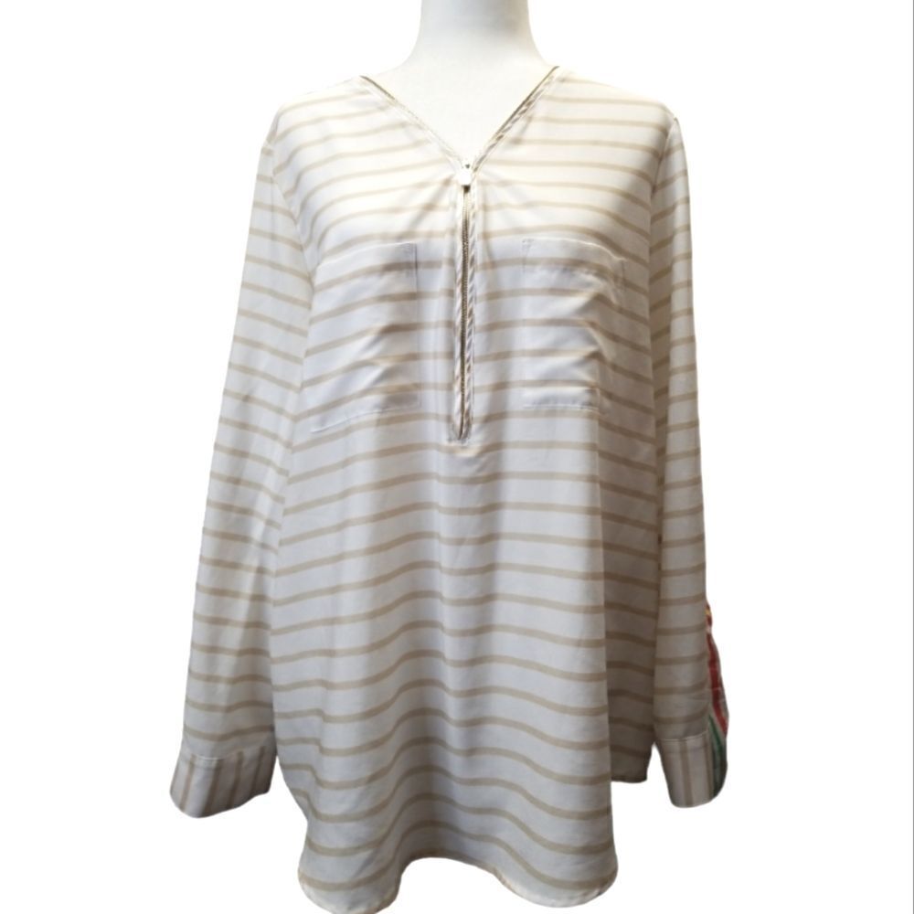 Calvin Klein Striped Zipper V-neck Roll Tab Blouse XL